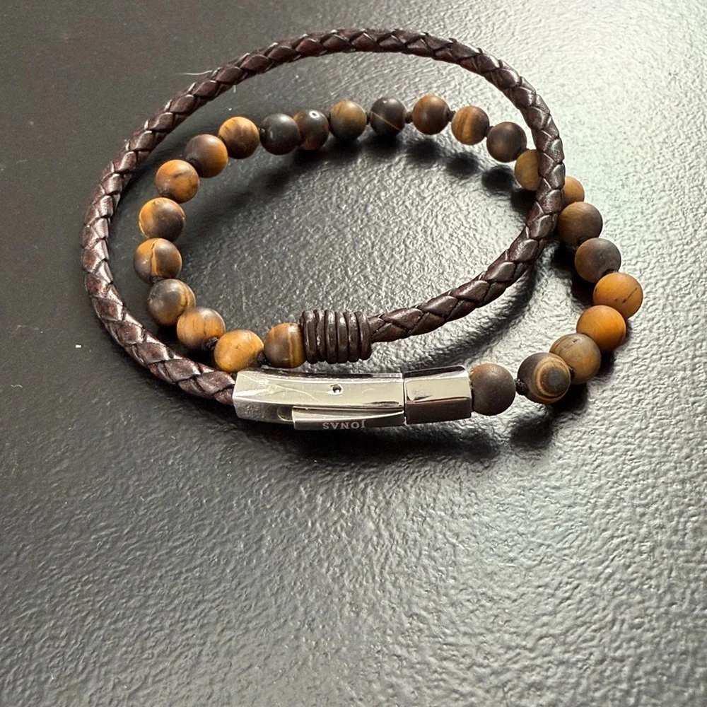 Jonas Studio NEW Dakota Stainless Steel, Leather & Tiger Eye Double-Wrap Bracele